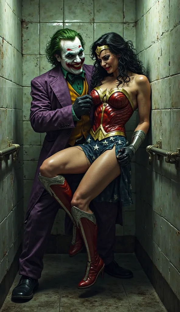 Joker grabbed wonder woman back against the wall and lift her legs up, inside a toilet room, wonder woman is crying loudly 