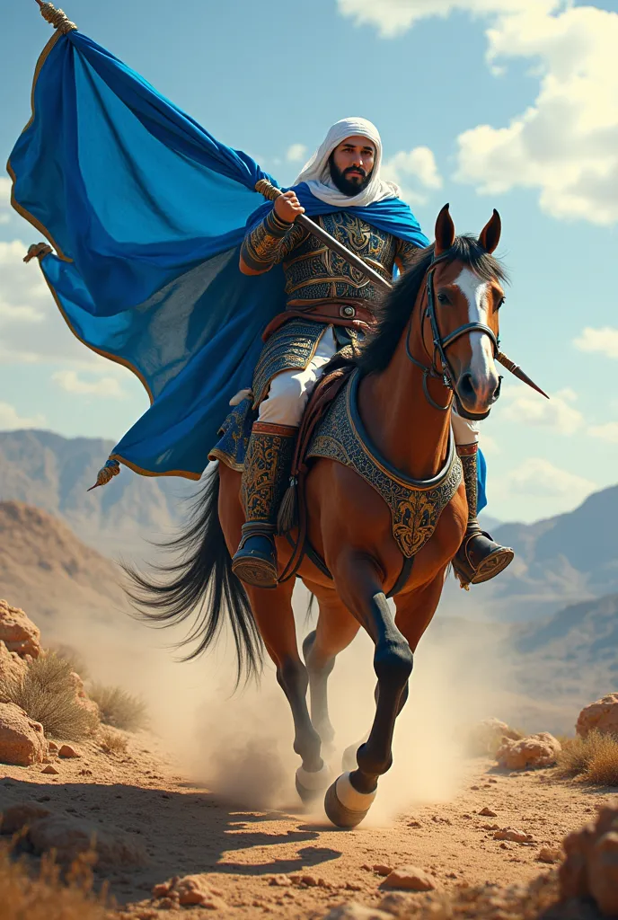 Muslim warrior , drive a horse , with a blue flag