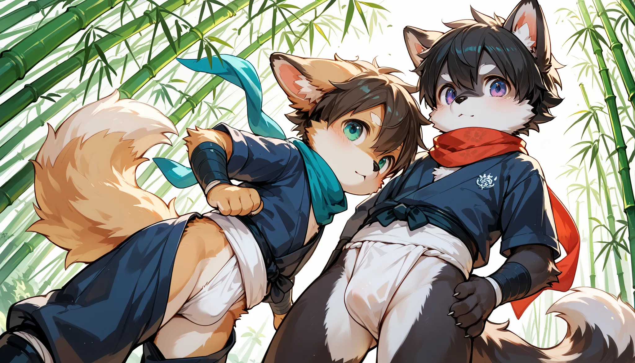 kemoshota furry boys,  best quality,best resolution,(fluffy anthro furry :1.6),(young :1.6), 2 boys, short-height, dynamic angle, scarf, tail, ninja boys, shugyo, bamboo woods, fundoshi, furry ears, close-up fundoshi, from dogs point of view