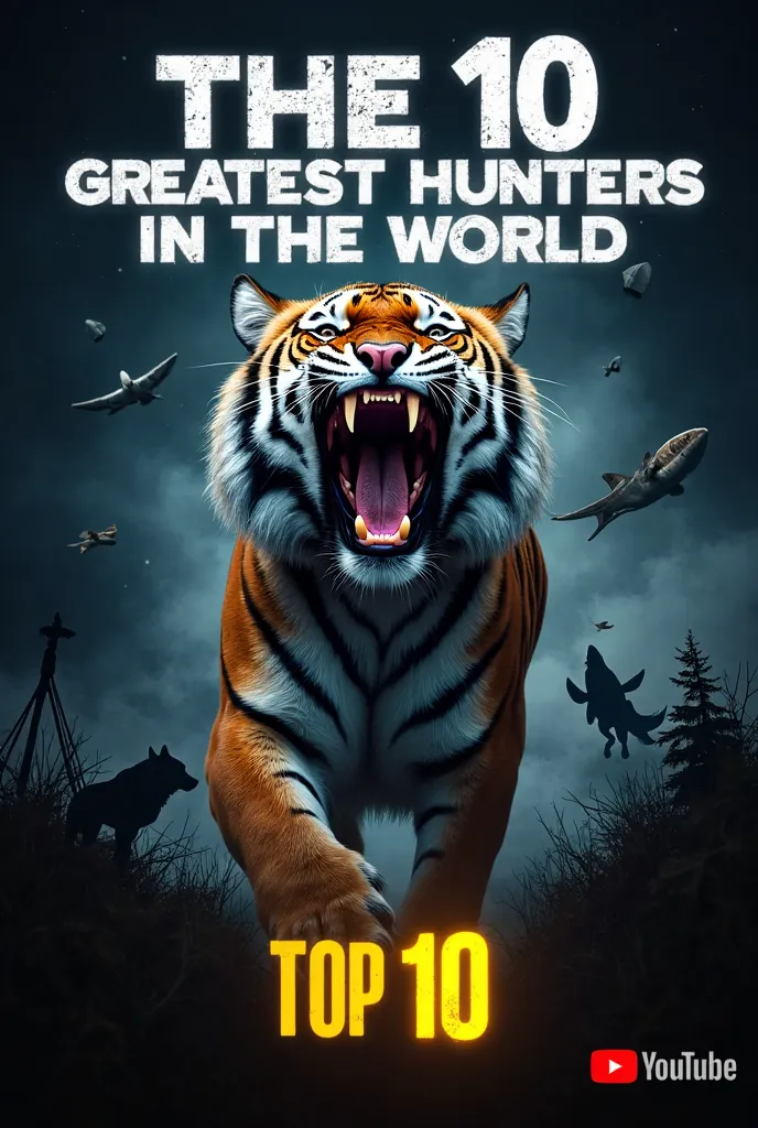 A dramatic and high-quality thumbnail for a YouTube video titled 'THE 10 GREATEST HUNTERS IN THE WORLD.' The main focus is a powerful Siberian tiger roaring, with its eyes locked on the viewer, conveying strength and dominance. The background is a dark gra...