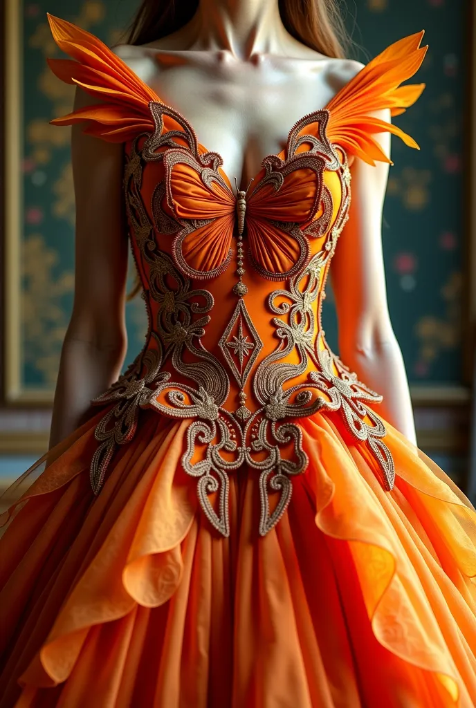 a close up of a dress with a butterfly,  dress inspired by Mariposa  , Fantasy dress, magic dress, intricate Fantasy dress, an  intricate dress , robe. detalhes extremamente altos, wearing a magnificent dress, extravagant dress, in a detailed steampunk dre...