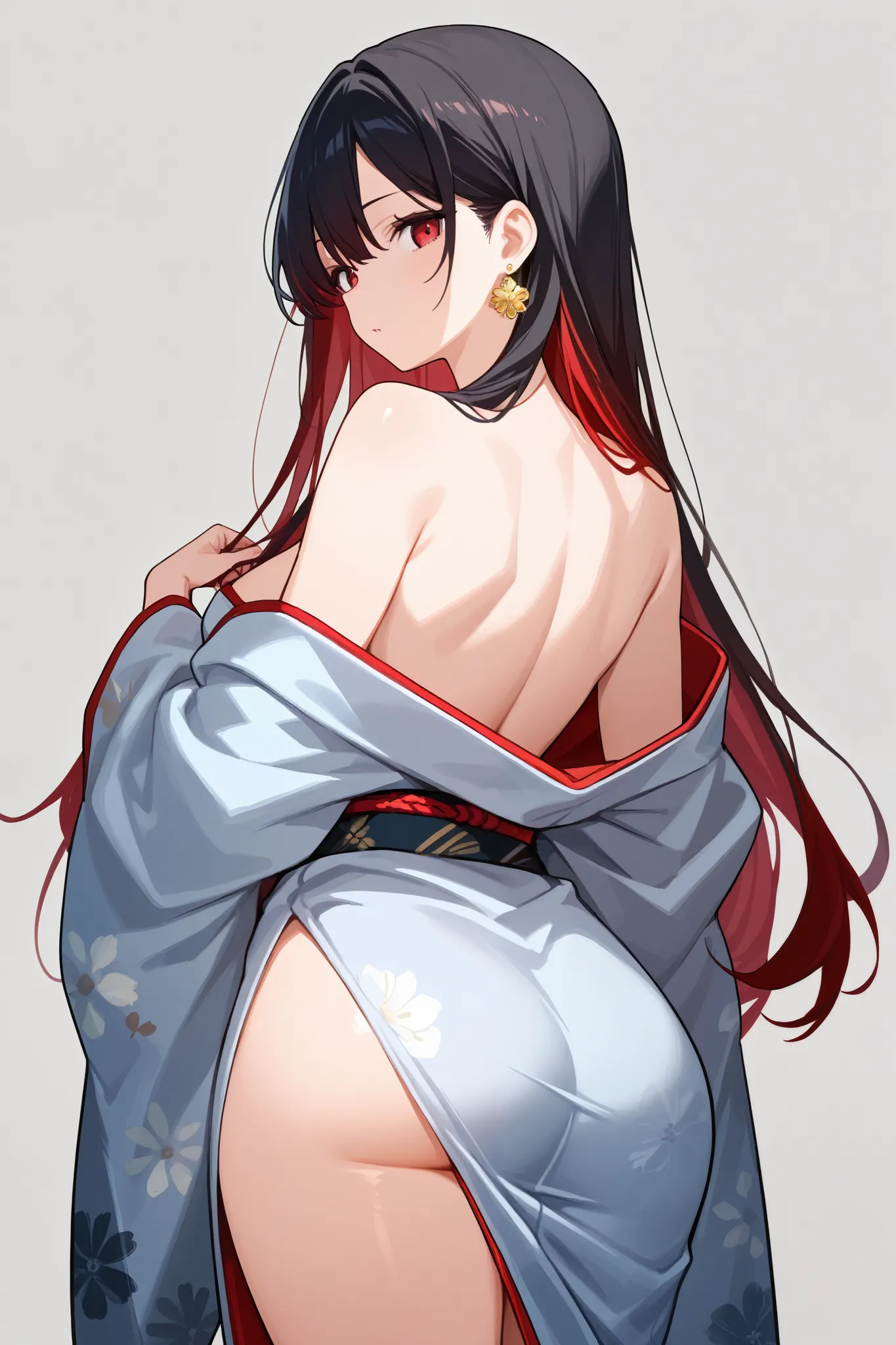 1 girl, Hair length reaches the back, Black hair with some red hair on the edges., red eyes, but not bright, curvy body, wear a sexy kimono outfit, หน้าอกไซส์ปานกลาง, have a golden earrings