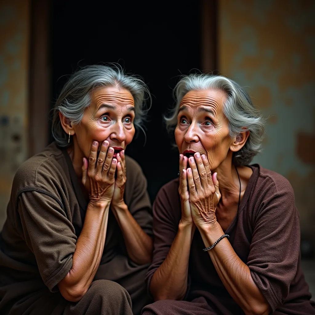 The scene captures two elderly women in traditional attire, exhibiting expressions of shock and disbelief. Their hands are raised to their mouths, conveying a strong emotional reaction. The lighting is soft, illuminating their faces and highlighting the wr...