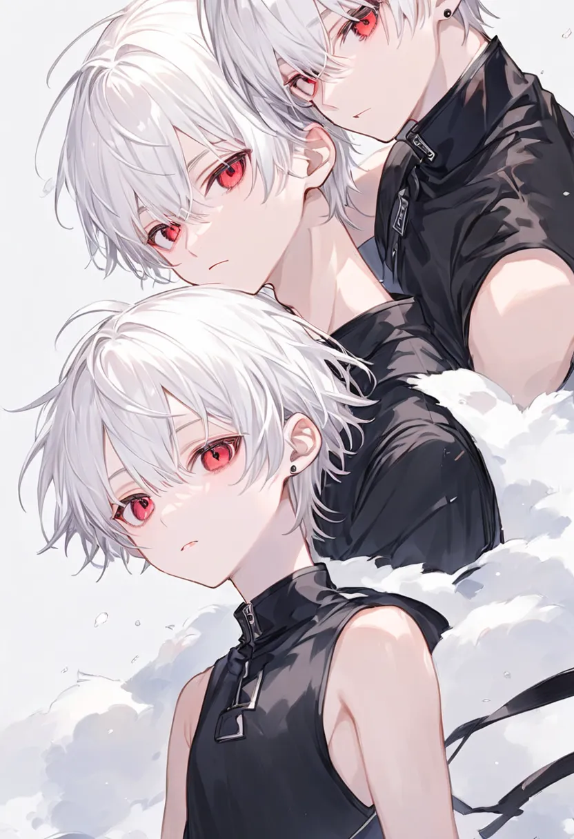 、boy、white hair、red eyes、The skin is pale、black sleeveless inner、 cool series、 neutral、 youth、cute、M-shaped bang bangs、1 man、1 boy、short hair、very short hair、 Shota