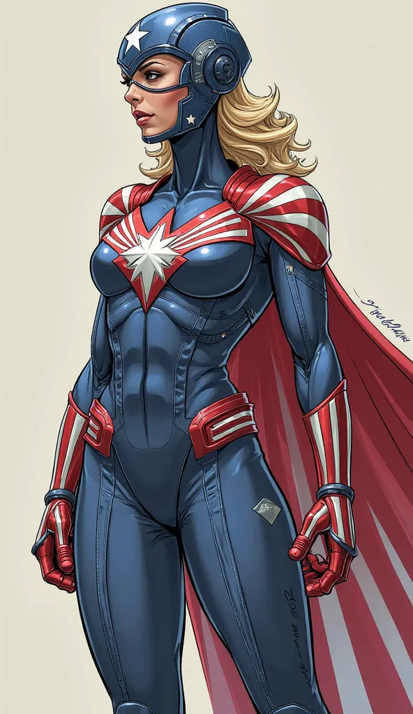 A superhero wearing a futuristic American-inspired costume, with elements such as stars and stripes, wearing a stylized helmet and flowing cape. She displays a confident posture and uses her advanced technological abilities to protect the innocent. Her pow...