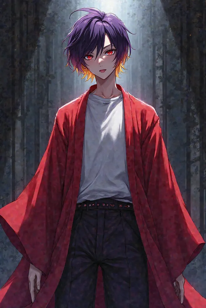 Anime image of an anime villain,With long red Keikogi ,  white t-shirt , silver details  , The person is affected by shadows his hair is short Japanese purple yellow eyes 