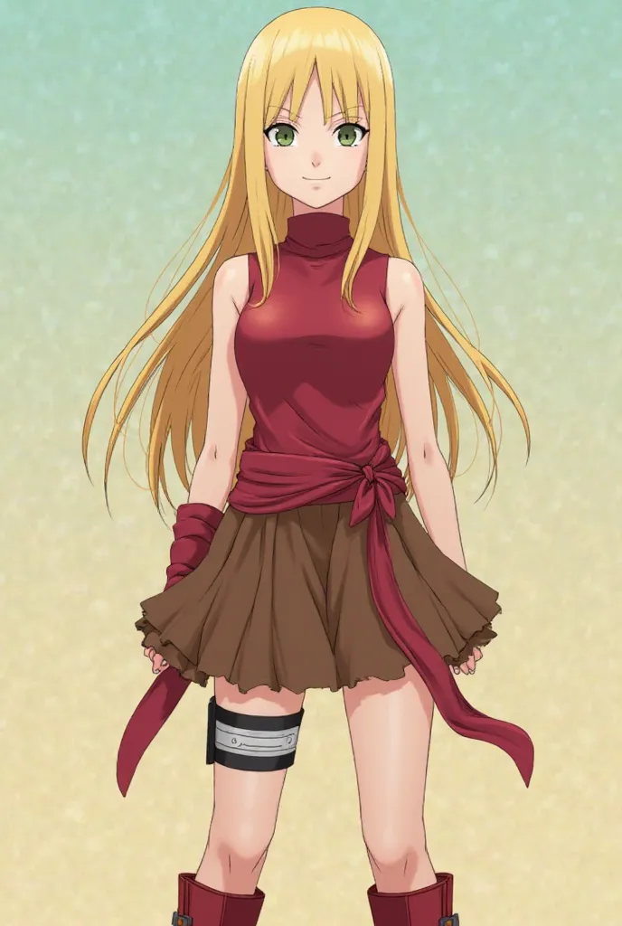 Naruto screenshot Girl with long blonde straight hair,Outfit: Red sleeveless turtleneck blouse, short brown almond-shaped skirt, red high-heeled ninja boots, leaf village ninja bandana tied around the waist