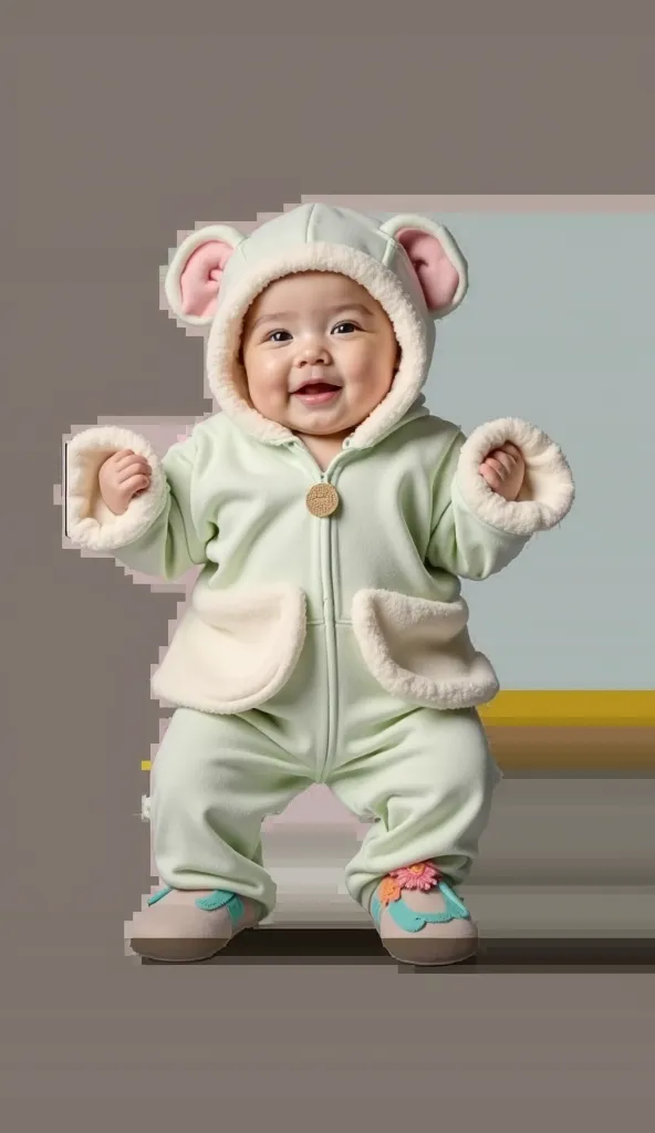 Picture a charming baby, dressed in a cozy fleece set that displays a delicate flowery pattern in shades of soft light pink and light blue. The colors complement each other perfectly, creating an adorable and welcoming look. the baby,  With a radiant smile...