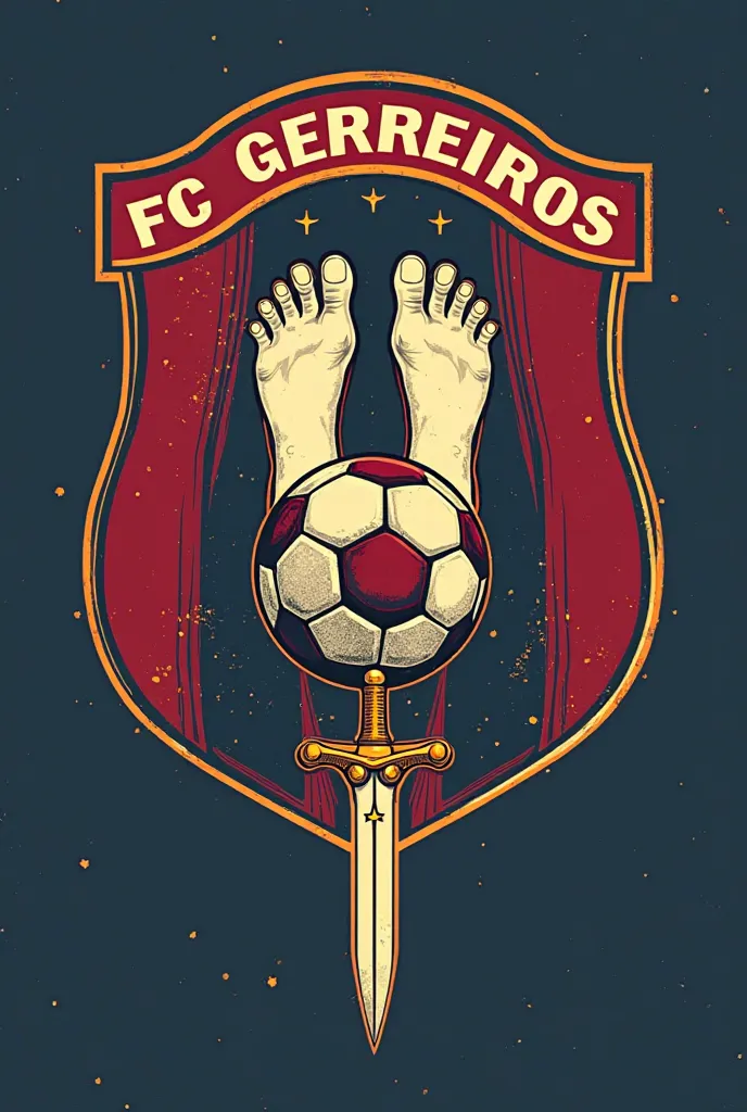 A logo similar to that of Barcelona in the background, and a ball in the middle with a player's feet on top of the ball, And with the name surrounding the FC Gerreiros logo and a sword with a star underneath