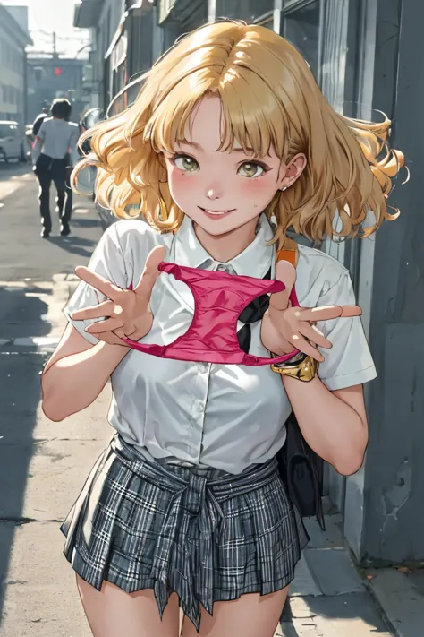 NSFW, A highly detailed, masterpiece quality full-body portrait of a Heisei-era gal with blonde hair in a short bob, wavy style, fair skin, and a curvy, playful body. She is wearing a school uniform with a white shirt slightly unbuttoned, a beige cardigan ...