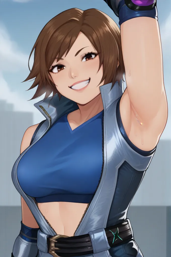 kazama asuka, brown hair, short hair, brown eyes, blue jumpsuit, sports bra, blue bra, sleeveless, collarbone, navel, stomach, unzipped, belt, fingerless gloves, elbow gloves, purple elbow pads, short shorts, blue-purple boots, shin guards, score_9, score_...