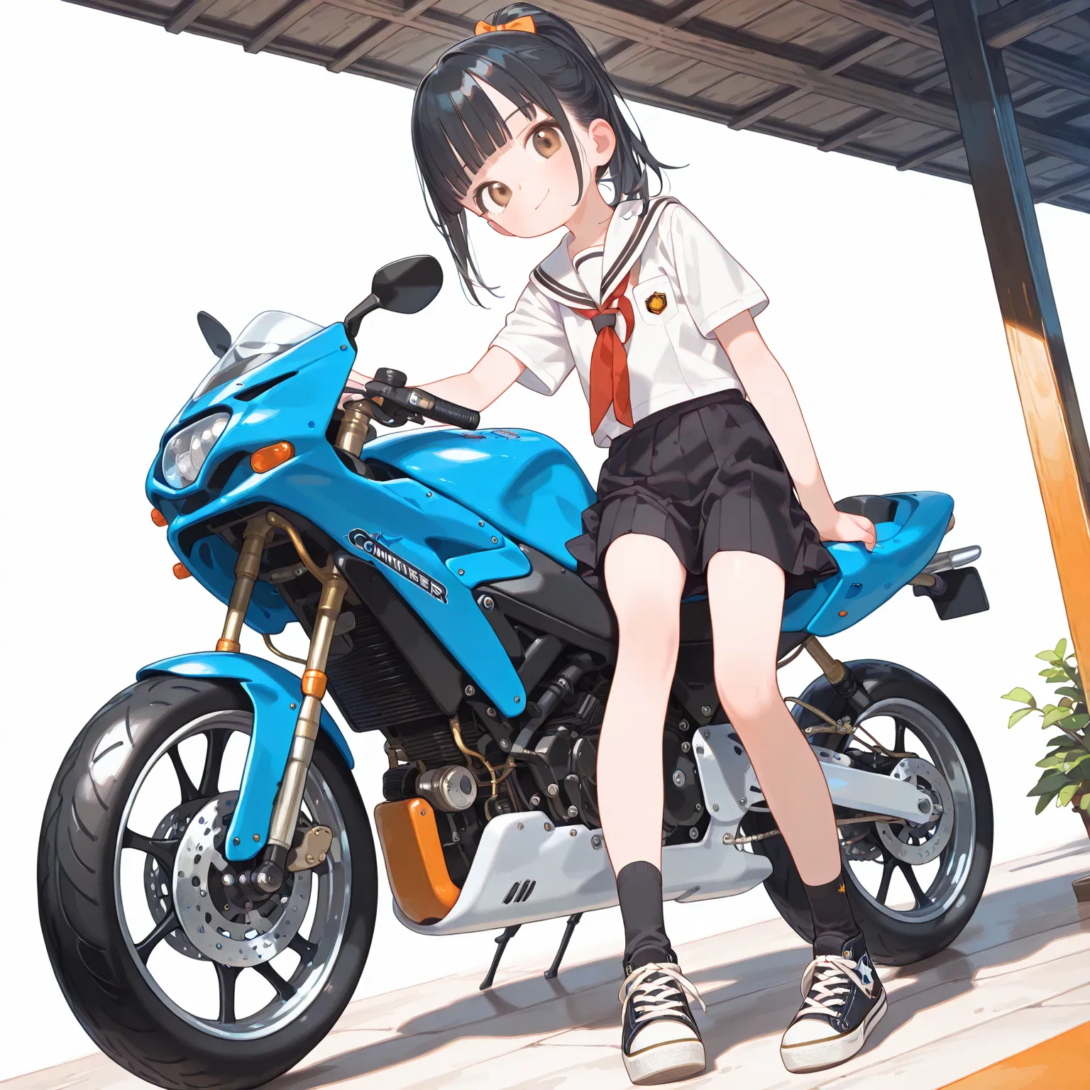 loli, flat chest, black hair, ponytail, blunt bangs, brown eyes, summer school uniform, black socks, Converse, smile, closed mouth, (1 girl), dynamic angle, astride a motorcycle, masterpiece, best quality, high quality, detailed eyes