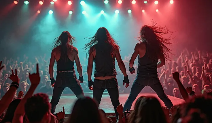 An electrifying heavy metal concert scene captured from a high-angle, bird’s-eye view with a tilted camera perspective. The band members, clad in black leather vests over their bare, sweat-drenched torsos, thrash on stage under pulsating neon lights—red, b...