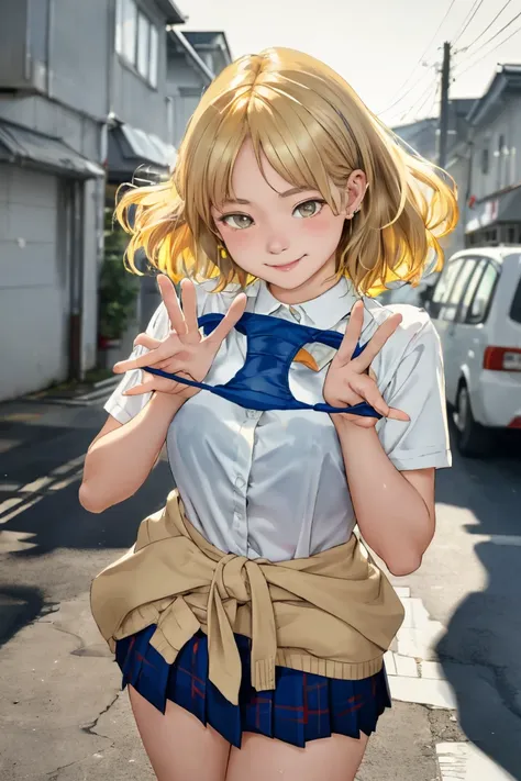 NSFW, A highly detailed, masterpiece quality full-body portrait of a Heisei-era gal with blonde hair in a short bob, wavy style, fair skin, and a curvy, playful body. She is wearing a school uniform with a white shirt slightly unbuttoned, a beige cardigan ...