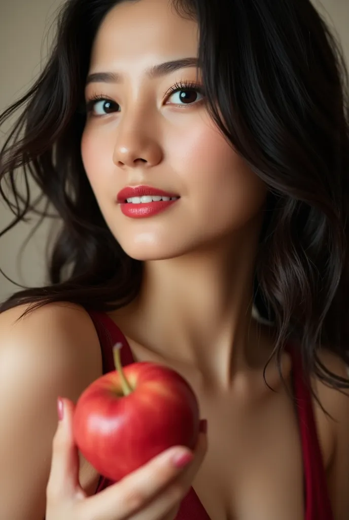 mature woman、, dark hair，Black Queen ，accessories，Apple in hand ，Poisoned Apple，Queen ，red lipstick、Smile、 sexy