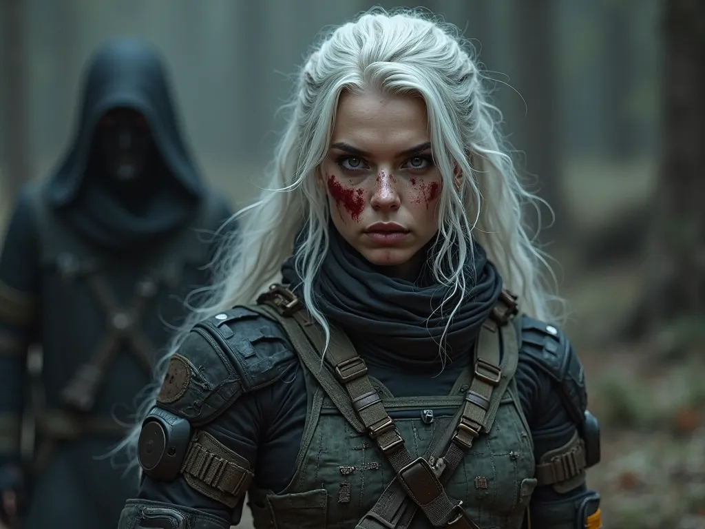 create a realistic image of a white-haired woman,  gray eyes and white skin ,  wearing a tactical suit , Armed and with blood on her face, Add a dark one in the background. 