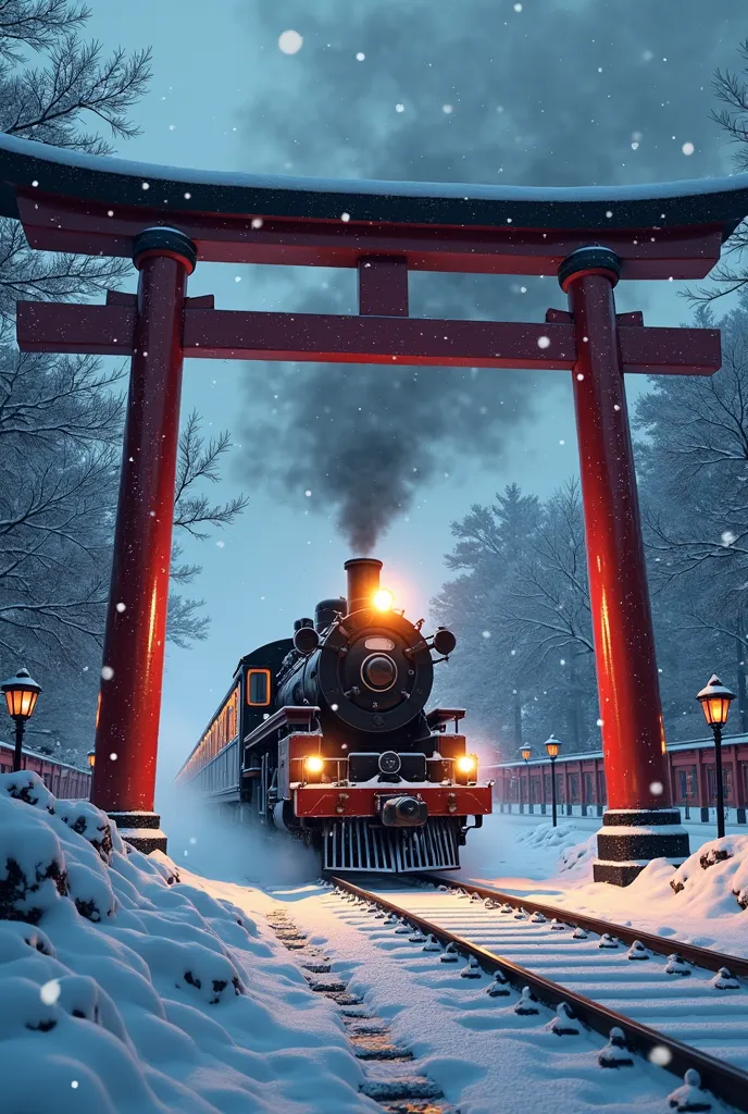 I want a train going through a Japanese arch during a Blizzard night I want a phrase written in Portuguese Good evening written well above this image is a good night so please put the phrase