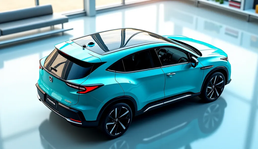 "A 3D render of the 2025 Honda Prologue EV SUV's top view in a bright luxury showroom. The car has a pure glossy Aqua color with ultra-detailed, shiny surfaces and a sleek, futuristic design. It is fully modified with high-gloss elements, including an aero...