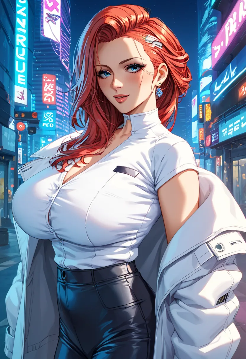 score_9, score_8, score_7,  score_You are the source   _     anime, 1mature_FE,     a woman, Scarlet hair, blue eyes, white shirt,  white jacket, falda blanca,  white network media, cyberpunk city background, cuerpo perFEcto,      erotic anatomy     , anat...