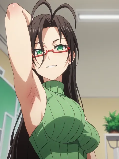 masterpiece, best quality, amazing quality, anime screencap, anime coloring, 1girl, solo, HasegawaChisato, glasses, brown hair, green eyes, antenna hair, long hair, turtleneck sweater, large breast, bare shoulders, bare arms, arm behind head, armpit, head ...