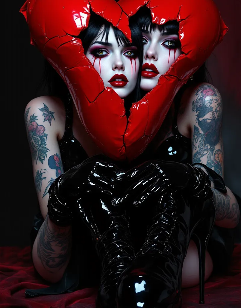 hyper-realistic digital painting, fashion scene inspired by Tim Burton and David Bowers, lover with a torn heart, shiny latex outfit in deep red and black, girl-shaped boots with very high stiletto heels, aggressive makeup palette, lurid tattoos, anatomica...