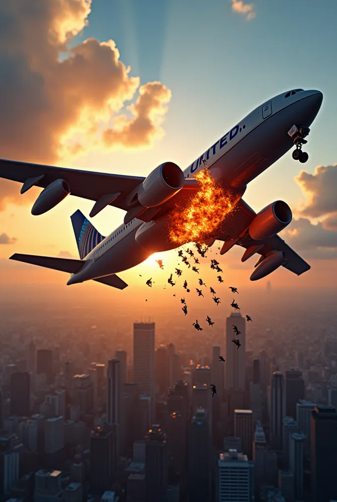 SupermA large commercial airplane mid-flight with an explosion on its fuselage, causing a section of the aircraft to break off. Several passengers are seen falling from the plane, suspended in mid-air against the backdrop of a sprawling cityscape below. Th...