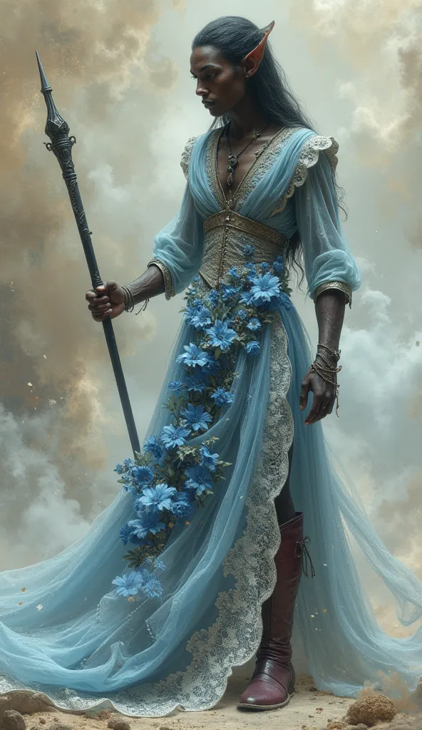 A black-skinned male elf wearing a medieval lace dress with blue and light blue flowers and marton-colored shoes with a black wand in his left hand 