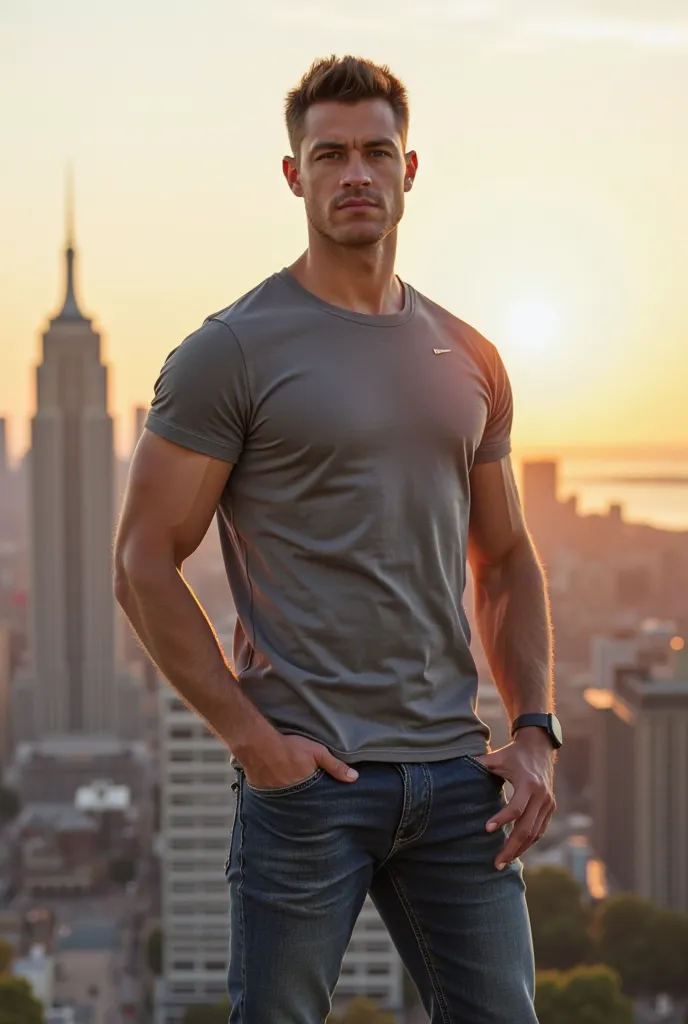 generate a, 25 year old white dude with light brown hair, his hair is short, dark brown eyes muscular built, gray t-shirt with jeans and nike dunks, realistic photo of him standing in front of a city, sun in the back