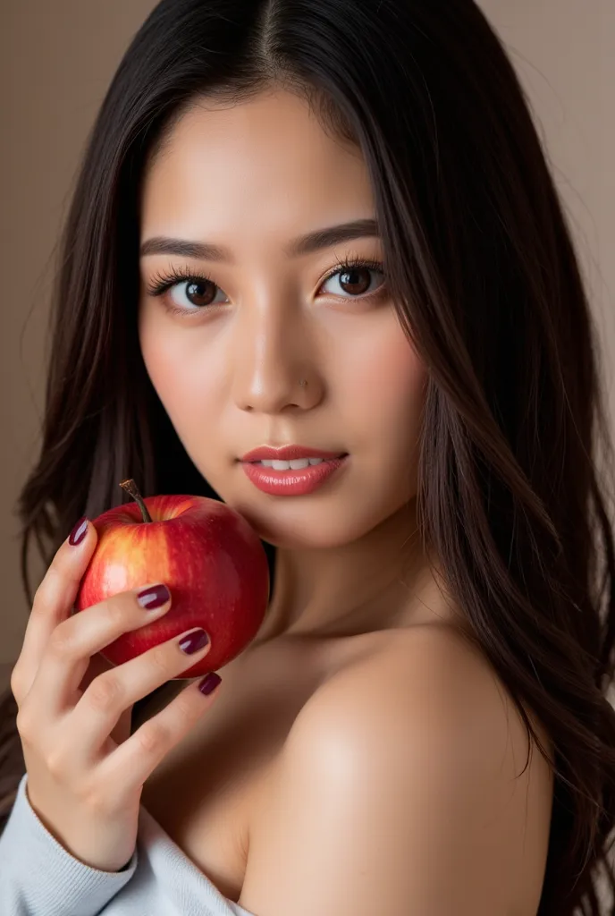 mature woman、, dark hair，Black Queen ，accessories，Apple in hand ，Poisoned Apple，Queen ，red lipstick、Smile、 sexy