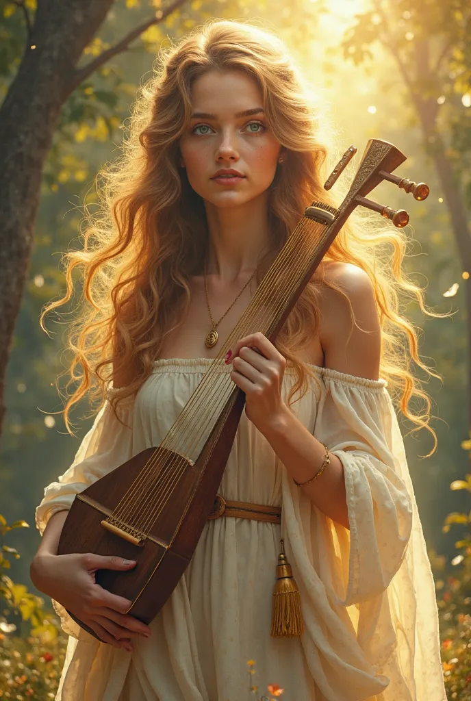 generate an image of the GODDESS OF SUNBEAMS AND LULLABIES. make her look like a MYTH goddess. she's holding a lyre. make her pretty. MAKE HER LOOK IN FRONT. make her background more MYTH. her eyes is blue and hazel 