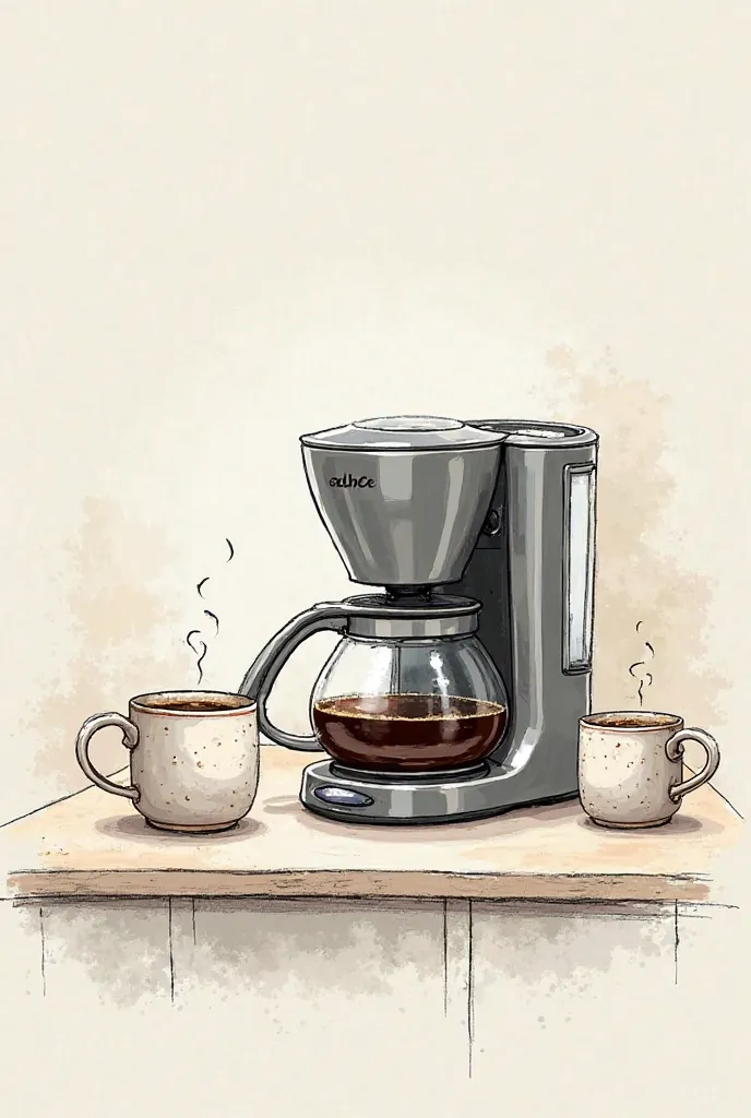 Create a sketch drawing of a countertop with a coffee maker with freshly brewed coffee in a ceramic hob and two cups 