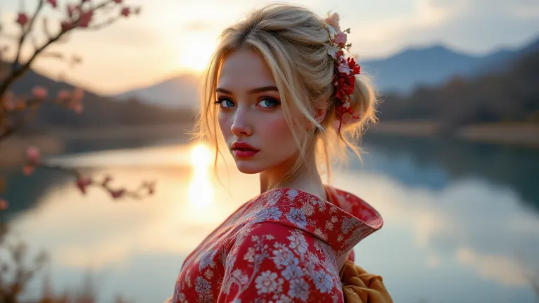 there is a girl in the back of the landscape、lake、evening、the girl is wearing a Japanese kimono、Kimonos are colorful、The girl has golden hair、My eyes are blue、One person、Vision、 Sakurabuki、best image quality、4K