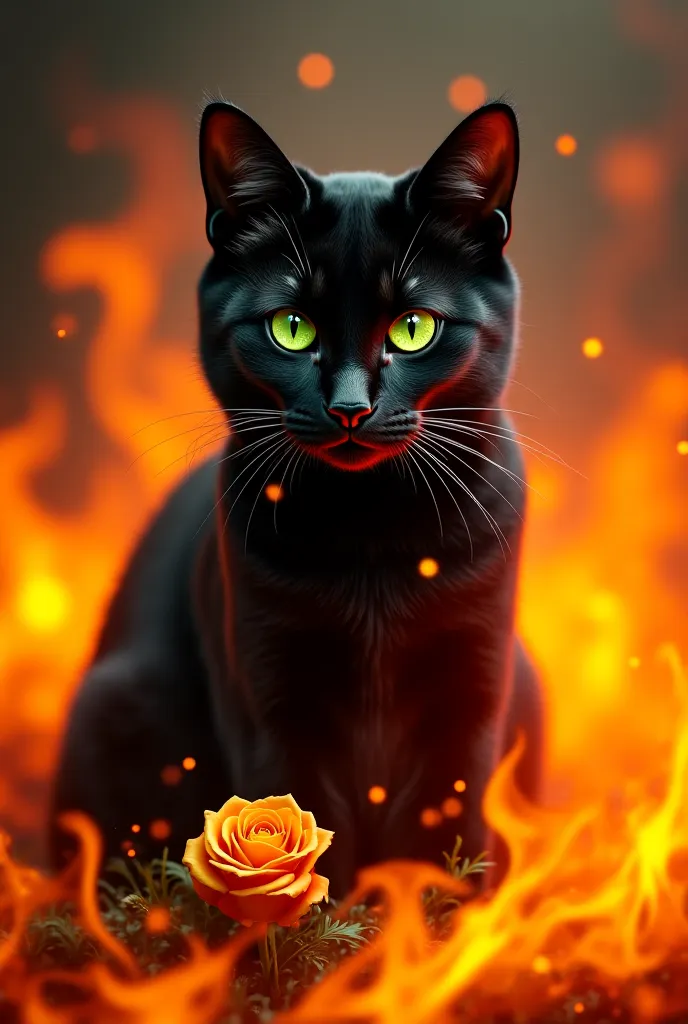 Black cat with green eyes on a background of flames with the name Luly and a golden rose