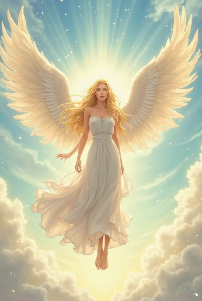 Divine Angel classic anime style,  with long blond hair , with little white dresses and big wings,  descending from the sky  