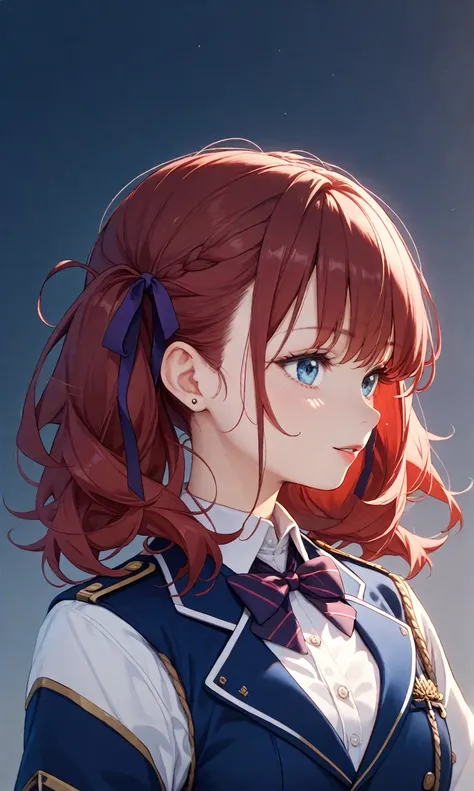 1 girl、dark red hair、dark blue eyes、twin tails、black barrette ribbon、navy blue uniform blazer、white blazer sleeves、 white uniform blouse 、purple chest ribbon、white line at the end of the ribbon