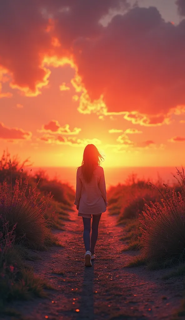 A shot of someone walking toward a clear horizon at dusk, with the sky in intense shades of orange, fuchsia and gold , symbolizing new beginnings.
 Visual Details:
The image uses a “spotlight” effect on the canvas, with high contrasts between light and sha...