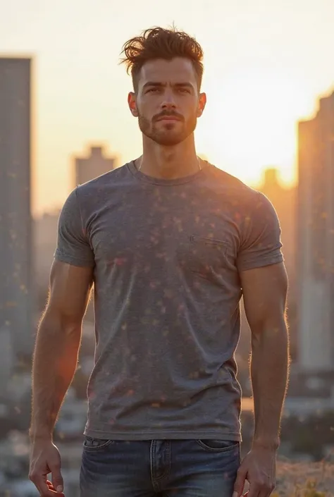 generate a Michael Haines, 25 year old white man with light brown hair, his hair is fringe with low fade, dark brown eyes muscular built, gray t-shirt with jeans and nike dunks, realistic photo of him standing in front of a city, sun in the back no beard