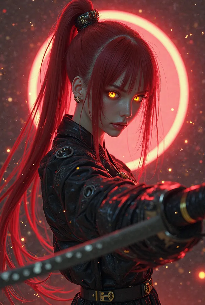 masterpiece, top quality,  feet ,  character focus , class, side angle, upper body, hime cut, long ponytail, Red hair, cybernetic, golden eyes, I have Katana, pose while wielding Katana, dynamic angle, focus on the face,  Viewers ,  Backlight, round backgr...