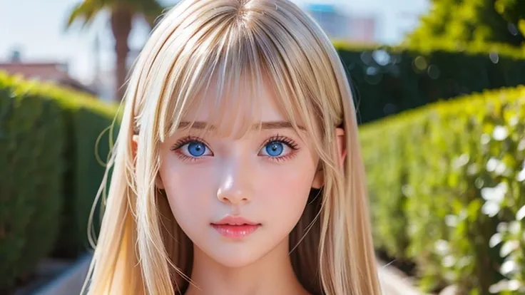 Shining Clear White Skin 、Very beautiful blonde blown by the wind、bangs hiding her beautiful face、very cute beautiful 、 cute sexy little beautiful face、Beautiful straight hair that stands out、growing up, sparkling very bright light blue eyes、Long, silky ba...