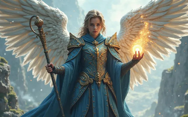 A young Wizard wearing a blue armor with golden details, holding a staff in one hand, and a light ball on the other hand, with big white angel wings 