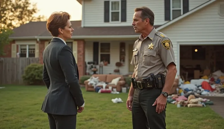 A karen woman with a classic 'Karen' hairstyle, wearing formal dressing, stands outside a suburban house with her hands on her hips, angrily yelling at a sheriff. The sheriff, a tall and confident man in a crisp uniform with a badge, stands firm, staring d...