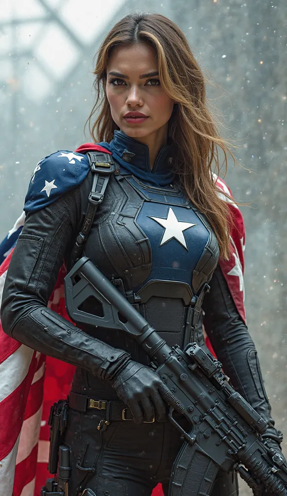 She wears a futuristic combat suit with the stylized US flag on her cape and chest.  on your hands, she holds an advanced energy rifle, with the design inspired by the famous M16, an iconic weapon from the USA. The weapon has technological modifications th...