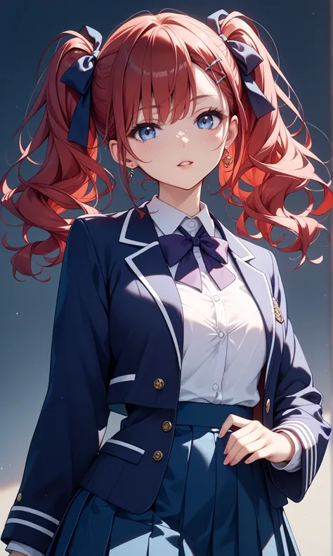 1 girl、dark red hair、dark blue eyes、twin tails、black barrette ribbon、navy blue school uniform blazer、white blazer sleeves、white school uniform blouse、purple chest ribbon、white line at the end of the ribbon