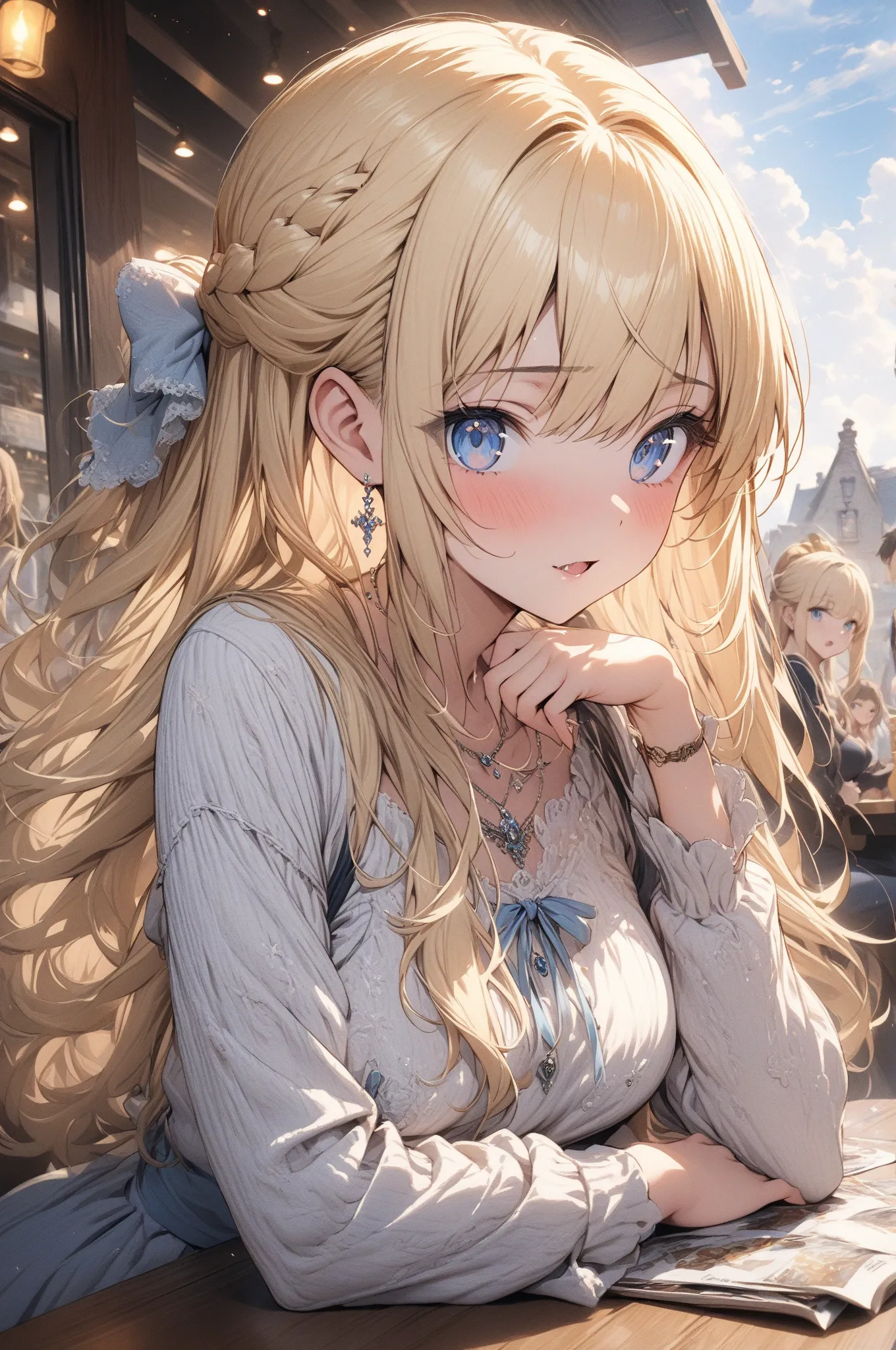 (masterpiece, detailed:1.2), One Girl, Princess, (18-years old), blonde half updo, Medium Breasts, sky blue eyes, BREAK, Highest quality, in Cafe