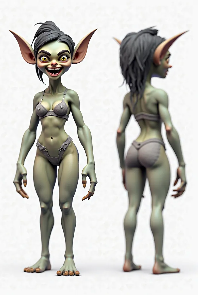 WOMAN GOBLIN CHARACTER, THIGH, LOW POLY ART, MODEL SHEET, FLAT FRONT VIEW, FLAT SIDE VIEW, FLAT BACK VIEW, WHITEBACKGROUND, FANTASY.