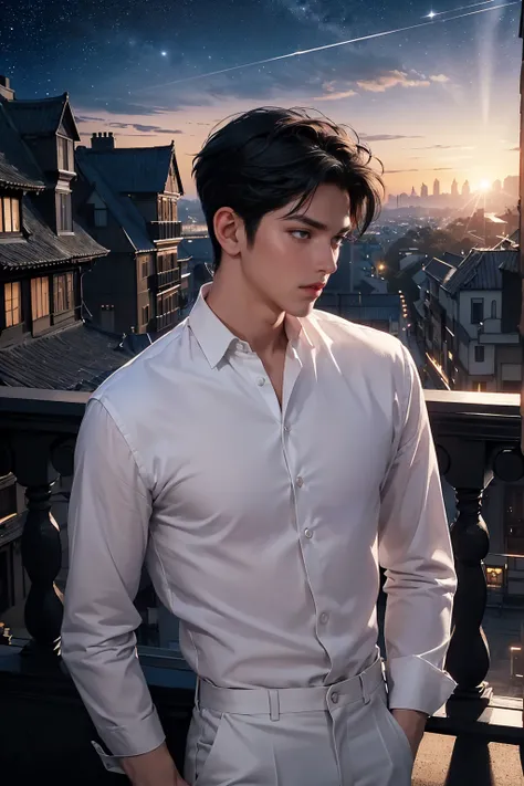 ((4K works))、​masterpiece、(top-quality)、One Beautiful Boy、Slim body、tall、((Black Y-shirt and white pants、Charming street style))、(Detailed beautiful eyes)、Stylish English Black Balcony、Castle inhabited by villains、Black shop window、Balcony at night、((Starr...