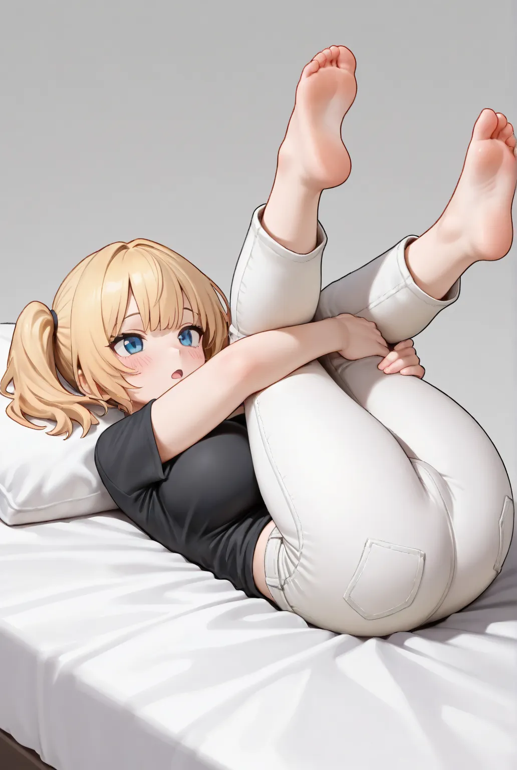 1girl, Solo, Blonde Hair, Twintails, Short Hair, Large breasts, Blue eyes, Blush, Open Mouth, Simple background, black shirt, white jeans, full body, lying down on the bed, bird’s-eye view, legs up, soles feet, barefoot, holding legs, spreading legs, busty...