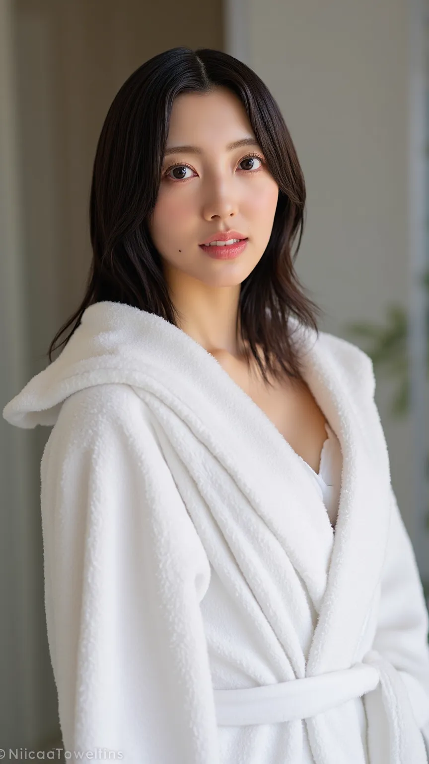 solo, High Resolution, masterpiece, anatomically correct, Top Quality, Ultra High Definition, textured skin, woman、big breasts、4K、blurred background、(((My hair is getting drenched))),  after taking a bath、(((white bathrobe with open front))), upper body sh...