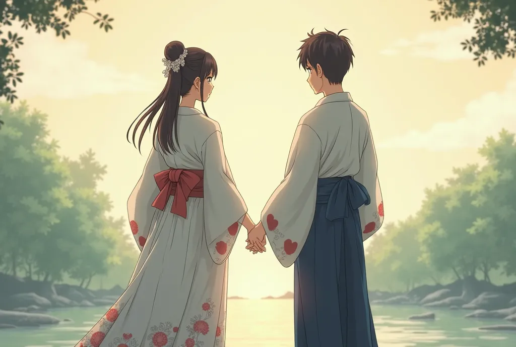 anime　boy　girls　sit　back view　　 holding hands　wedding ring　Long-sleeved kimono　Hakama