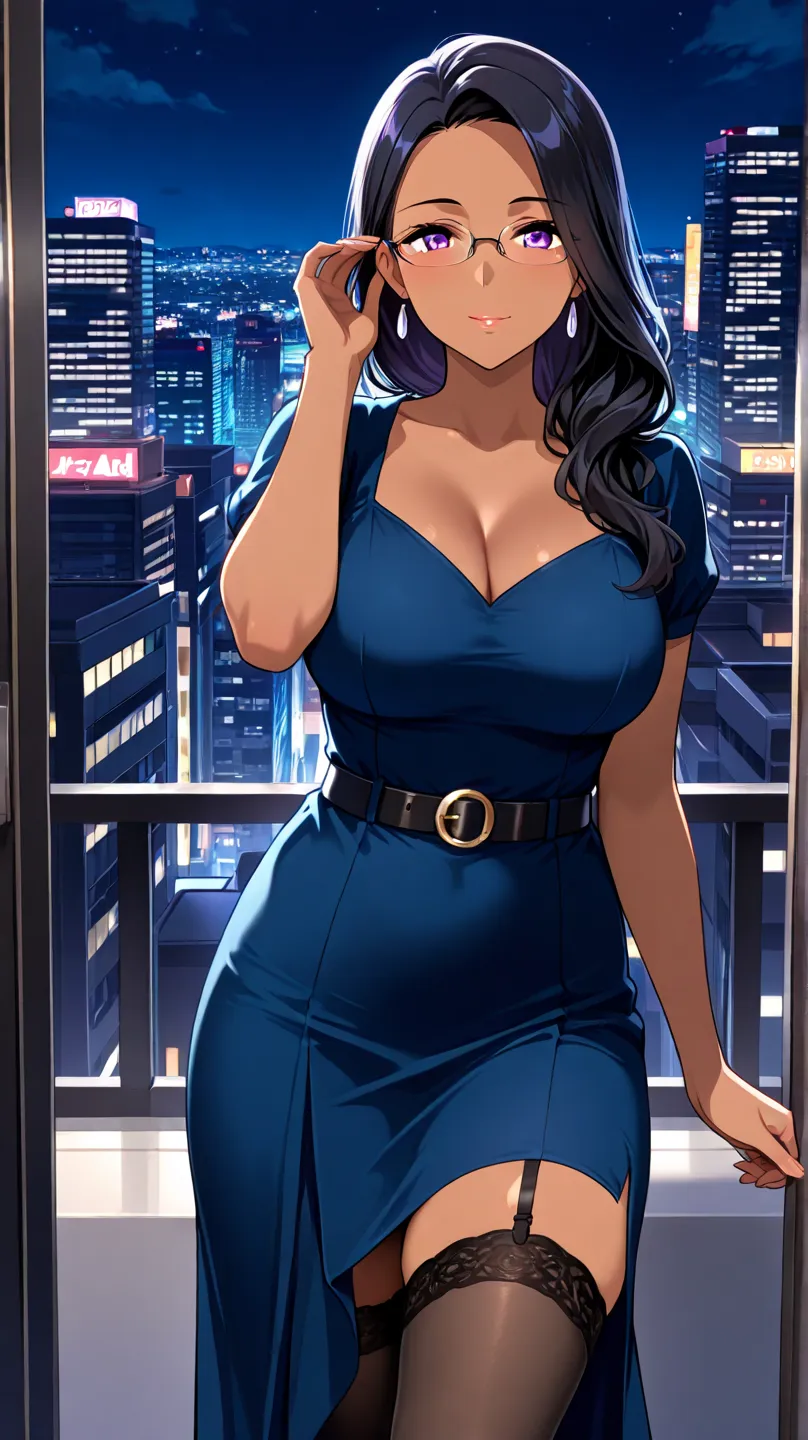 1girl, mature, dark skin, long black hair, glasses, black and blue dress, belt, knee-high socks, purple eyes, looking at camera / viewer, night time, city